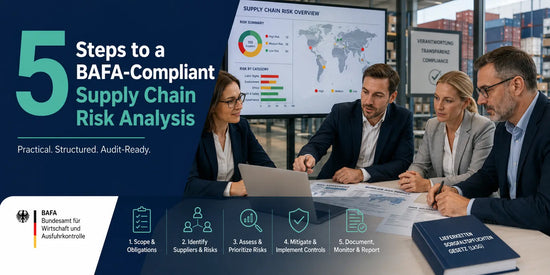 German business professionals collaborating at a table with laptop and risk documents, displaying a BAFA-compliant supply chain risk analysis dashboard and warehouse background
