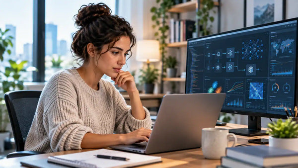 Aspiring machine learning engineer working on a laptop with machine learning models, data visualisations, and AI development workflows displayed on a monitor.