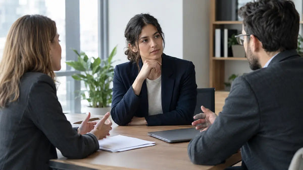 A professional discussing documents with colleagues during an office meeting.