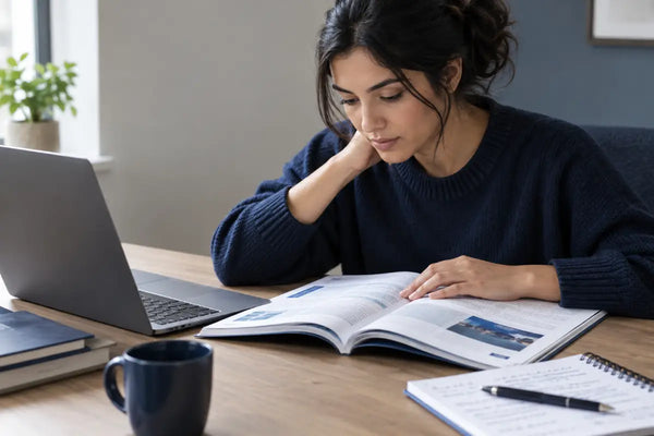 Professional reviewing a workbook and laptop while considering DPO training.
