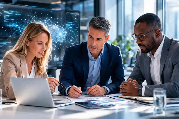 Business professionals in a German office discussing AI readiness and implementation.