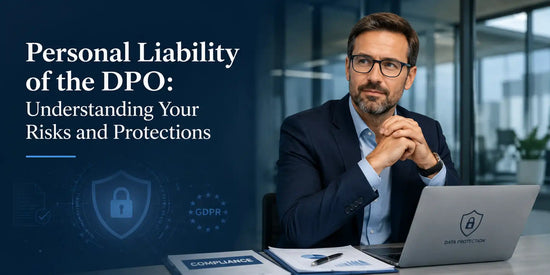 German data protection professional reviewing compliance risks in a modern office.