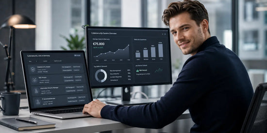 German cybersecurity professional working at a modern office desk with job role listings, salary charts, and skills dashboard for top cybersecurity careers in Germany in 2026.