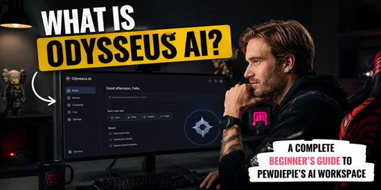 A creator sits at a dark workstation viewing the Odysseus AI interface, with bold headline text introducing a beginner’s guide to PewDiePie’s AI workspace.