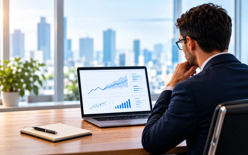 Business professional analyzing data dashboards on a laptop in a modern office.