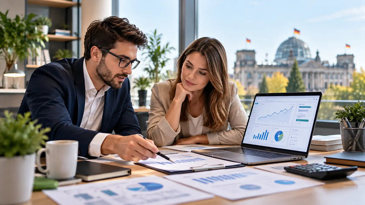 Two professionals reviewing Google Ads campaign performance, budget reports and analytics in a modern German office.