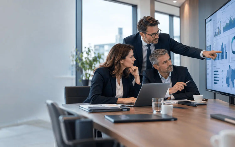 German business professionals analysing data to support a business decision.