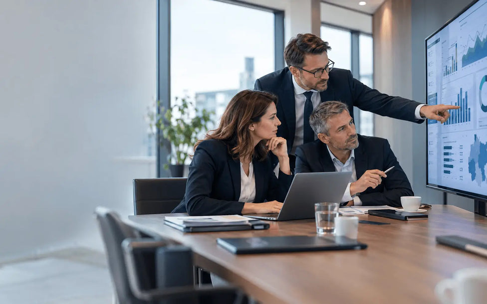 German business professionals analysing data to support a business decision.