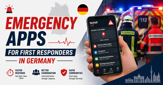 Banner showing a smartphone with a 112 emergency app, emergency responders, and vehicles, highlighting the benefits of faster response, better coordination, and safer communities in Germany