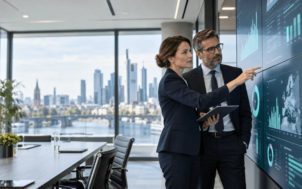  Corporate executives analyzing data dashboards in a modern German boardroom