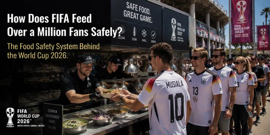 Realistic image of German fans in line at a food counter during FIFA World Cup 2026, with servers handing out meals and stadium banners visible, emphasizing food safety measures for large crowds.