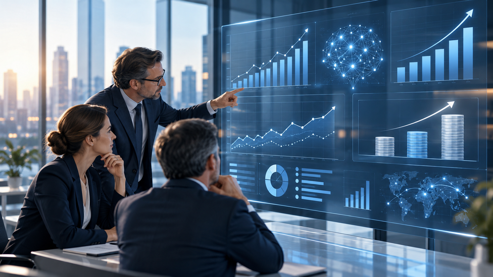 Business leaders analysing AI investment returns through digital dashboards displaying financial performance, cost-benefit analysis, and ROI growth metrics.
