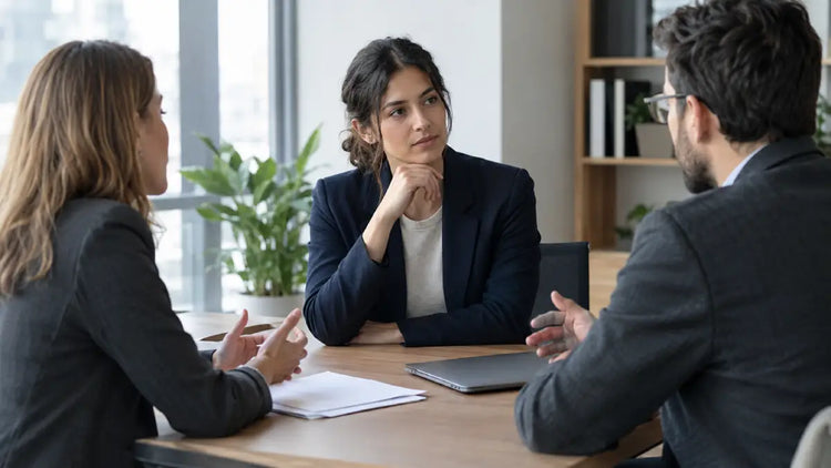 A professional discussing documents with colleagues during an office meeting.