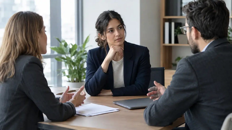 A professional discussing documents with colleagues during an office meeting.