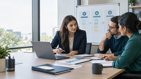  Business leaders reviewing an AI adoption plan and pilot evaluation criteria