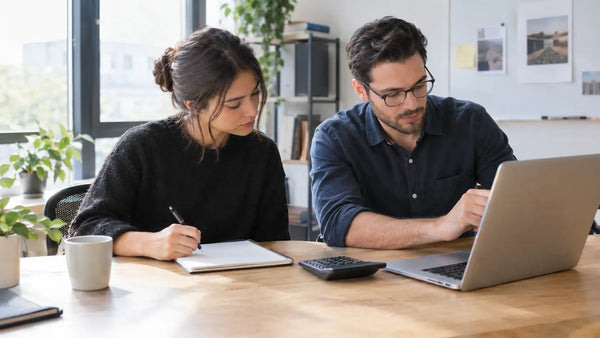 Business colleagues reviewing an advertising budget with a laptop, calculator and planning notes. 