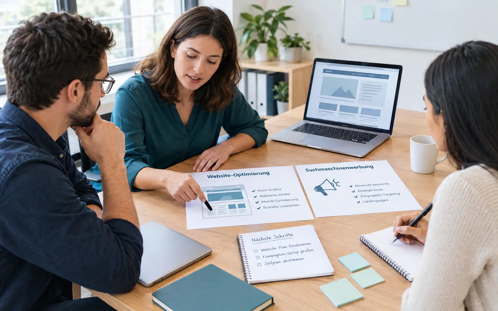Small-business team comparing website improvements and paid search advertising plans. 