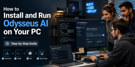 Blog cover image showing three people setting up and using Odysseus AI on a PC, with terminal commands and local AI workspace GUI visible on screens, including step-by-step icons for Download, Install, Run, and Open & Use.