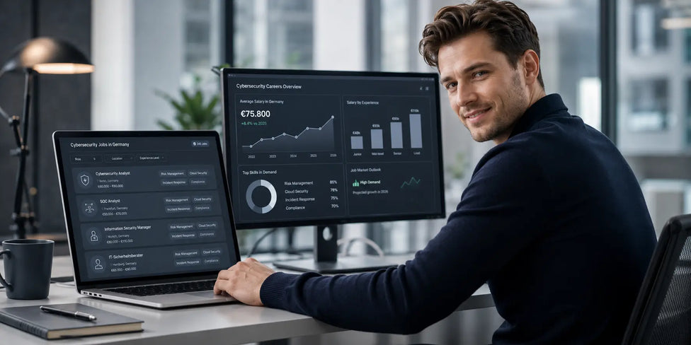German cybersecurity professional working at a modern office desk with job role listings, salary charts, and skills dashboard for top cybersecurity careers in Germany in 2026.