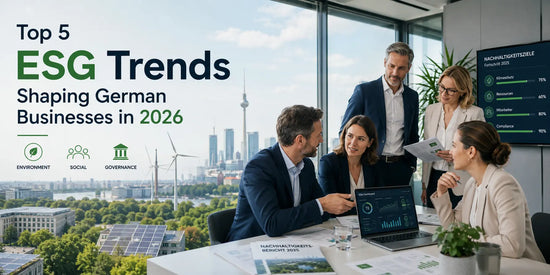 "German business professionals collaborating in a modern office with ESG dashboard and sustainable city skyline in background, highlighting top 5 ESG trends 2026.