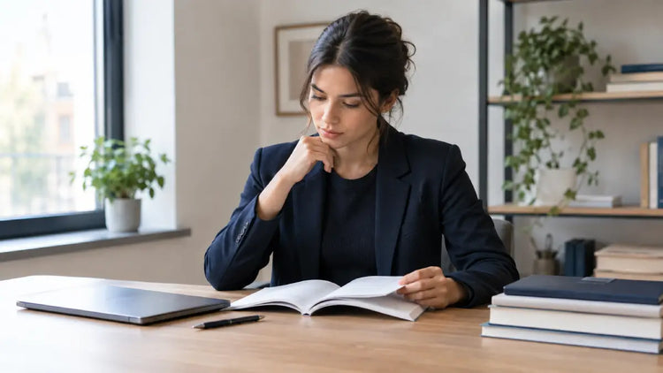 A professional reviewing study materials at a desk beside a closed laptop.