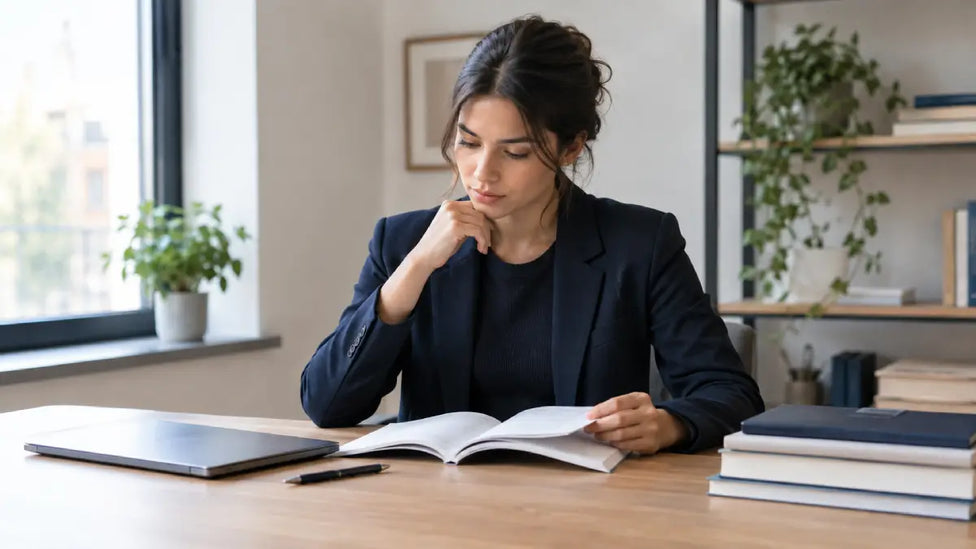 A professional reviewing study materials at a desk beside a closed laptop.