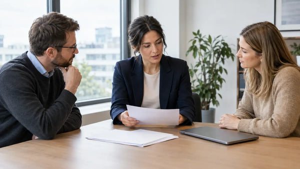 A privacy professional reviewing documents with colleagues in an office.
