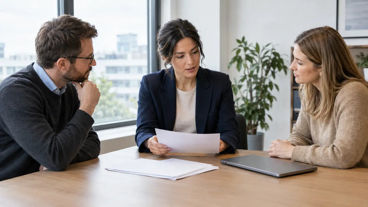 A privacy professional reviewing documents with colleagues in an office.