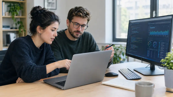 Two technology professionals reviewing data analysis, code, and system monitoring together at a shared desk.
