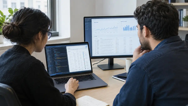 Two technology professionals reviewing code, experiment records, and an ML system’s operational dashboard at a shared workstation. 