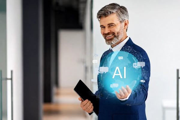 A confident business executive in a navy suit holding a tablet while engaging with a glowing AI hologram, representing AI integration in business leadership and management.