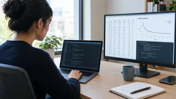 Eine IT-Fachkraft prüft Python-Code, strukturierte Daten und Ergebnisse einer Modellbewertung an einem Arbeitsplatz.