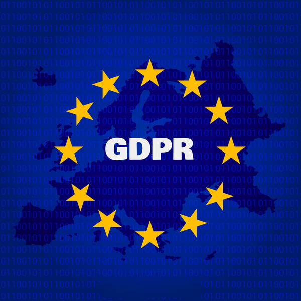 GDPR data privacy compliance illustration featuring the European Union map, EU flag stars, and binary code — symbolising digital data protection regulations across Europe