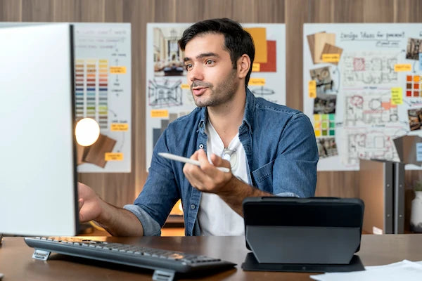 Male designer working at a desk during a video call, pointing at screen in a modern home office.